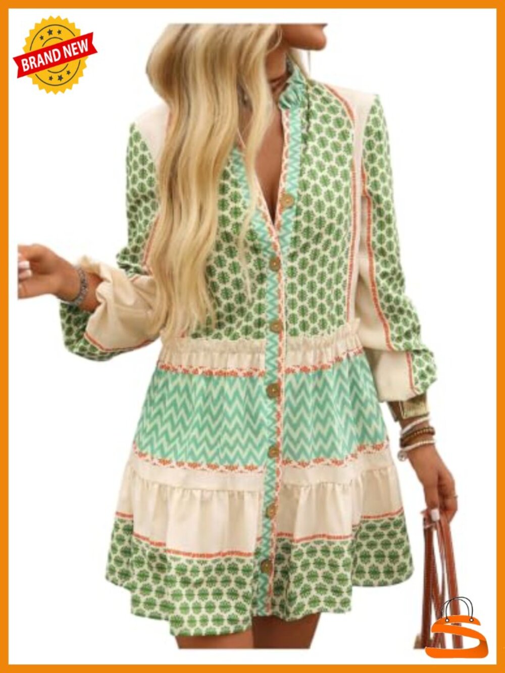 Womens Smocked Floral Mini Dress Button Down Long Sleeve Flowy Vacation